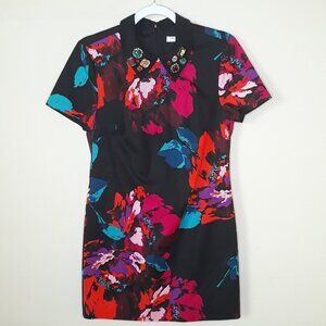 Trina Turk Floral Bejeweled Collar Sheath Dress Party Holiday Wedding Night Out